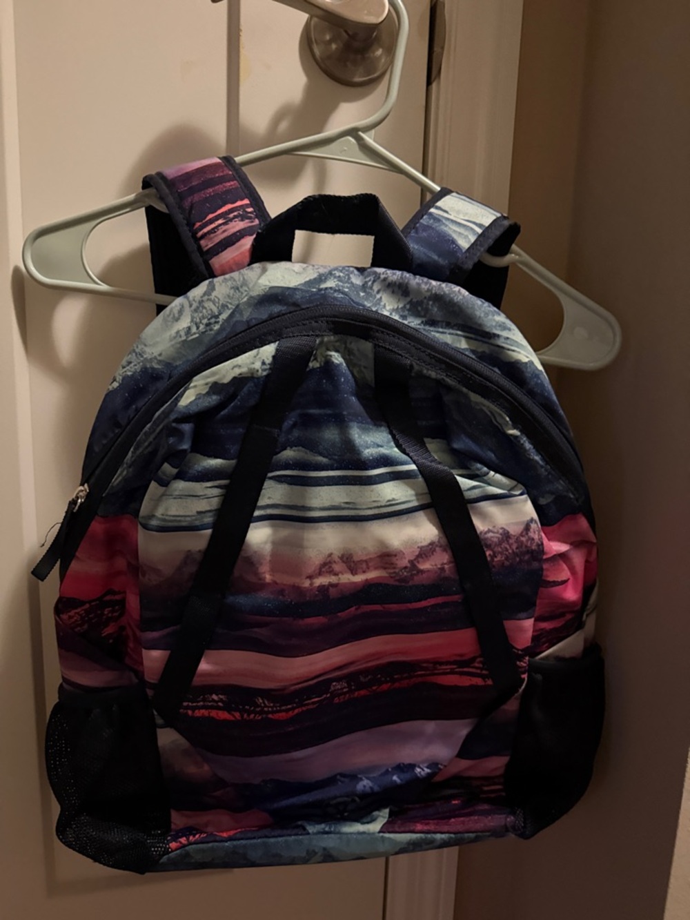 Striped Mountain Print Backpack in Navy & Pink